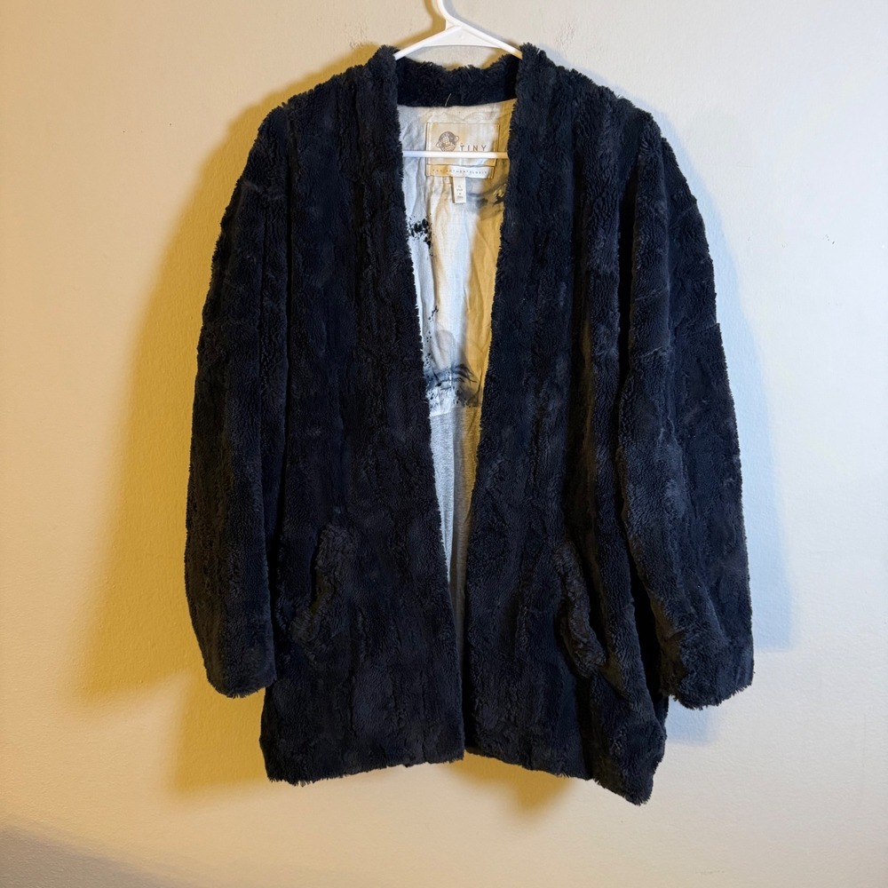Tiny for Anthropologie Black Faux Fur Open Front Cardigan Jacket XL Oversized